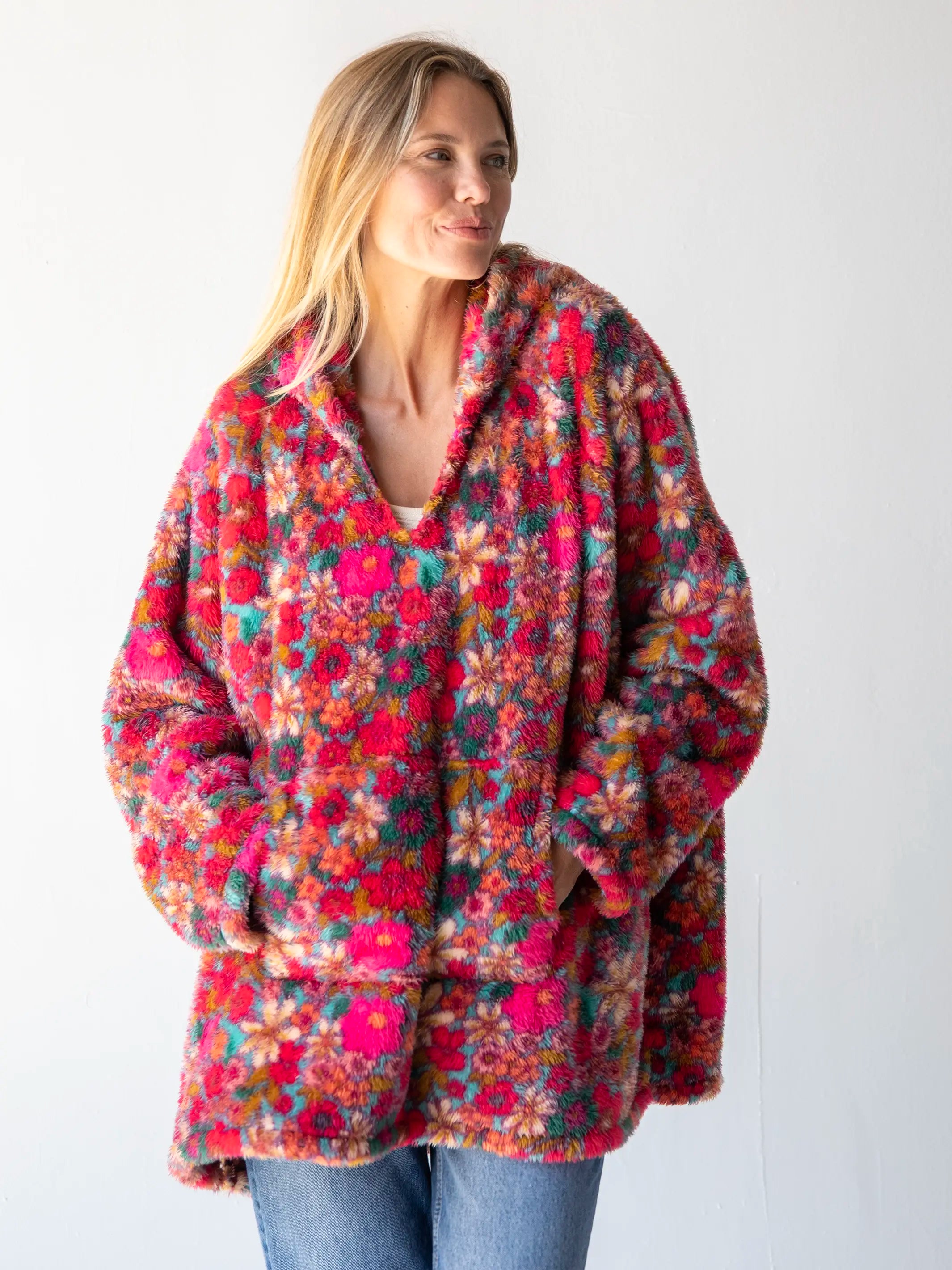 Oversized Blanket Hoodie - Turquoise Pink Retro Floral Hoodie with Snap Buttons Easy Quick