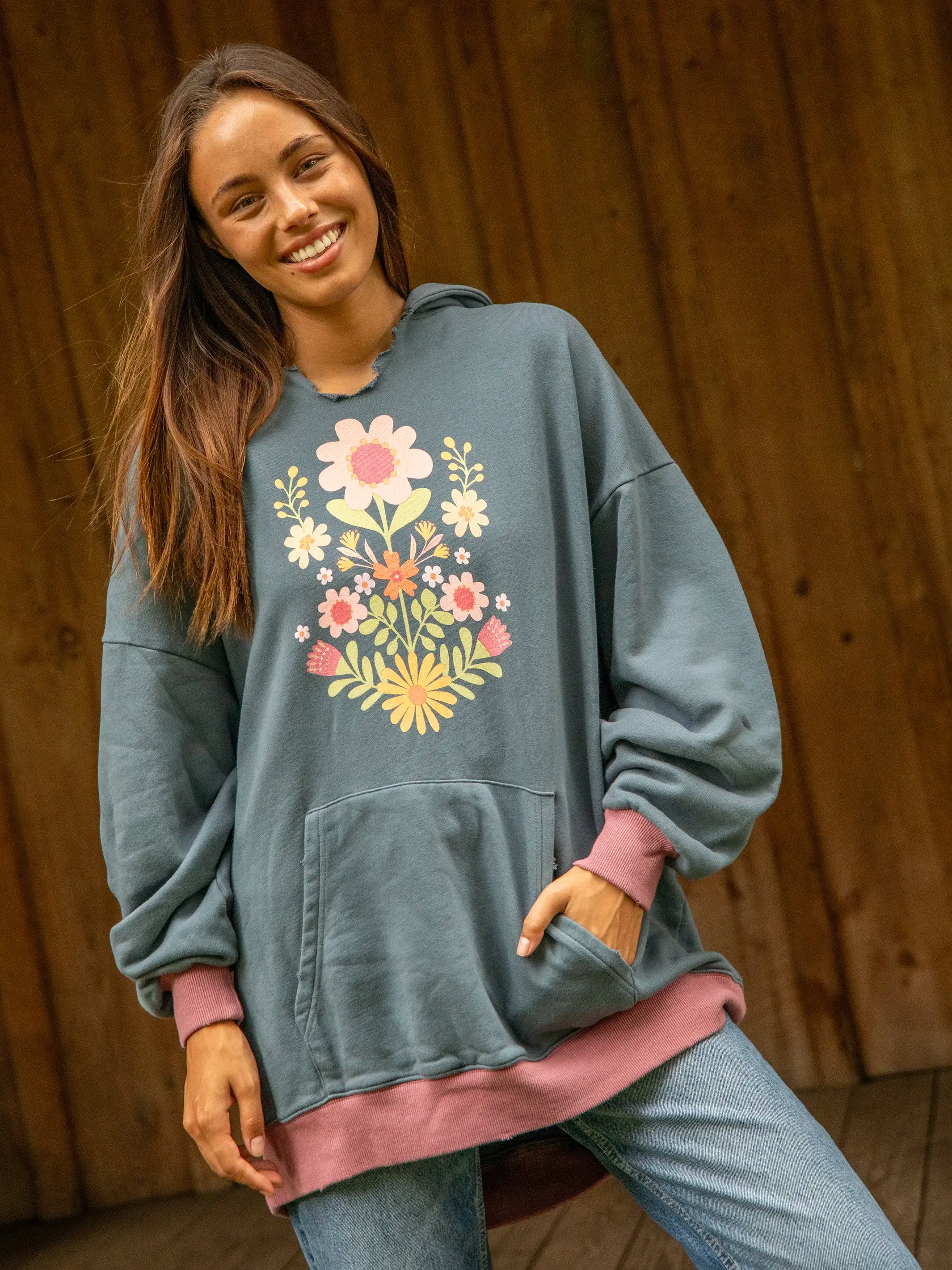 Oversized Graphic Sweatshirt - Washed Navy Folk Flower Hoodie with Side Slits Relaxed Casual