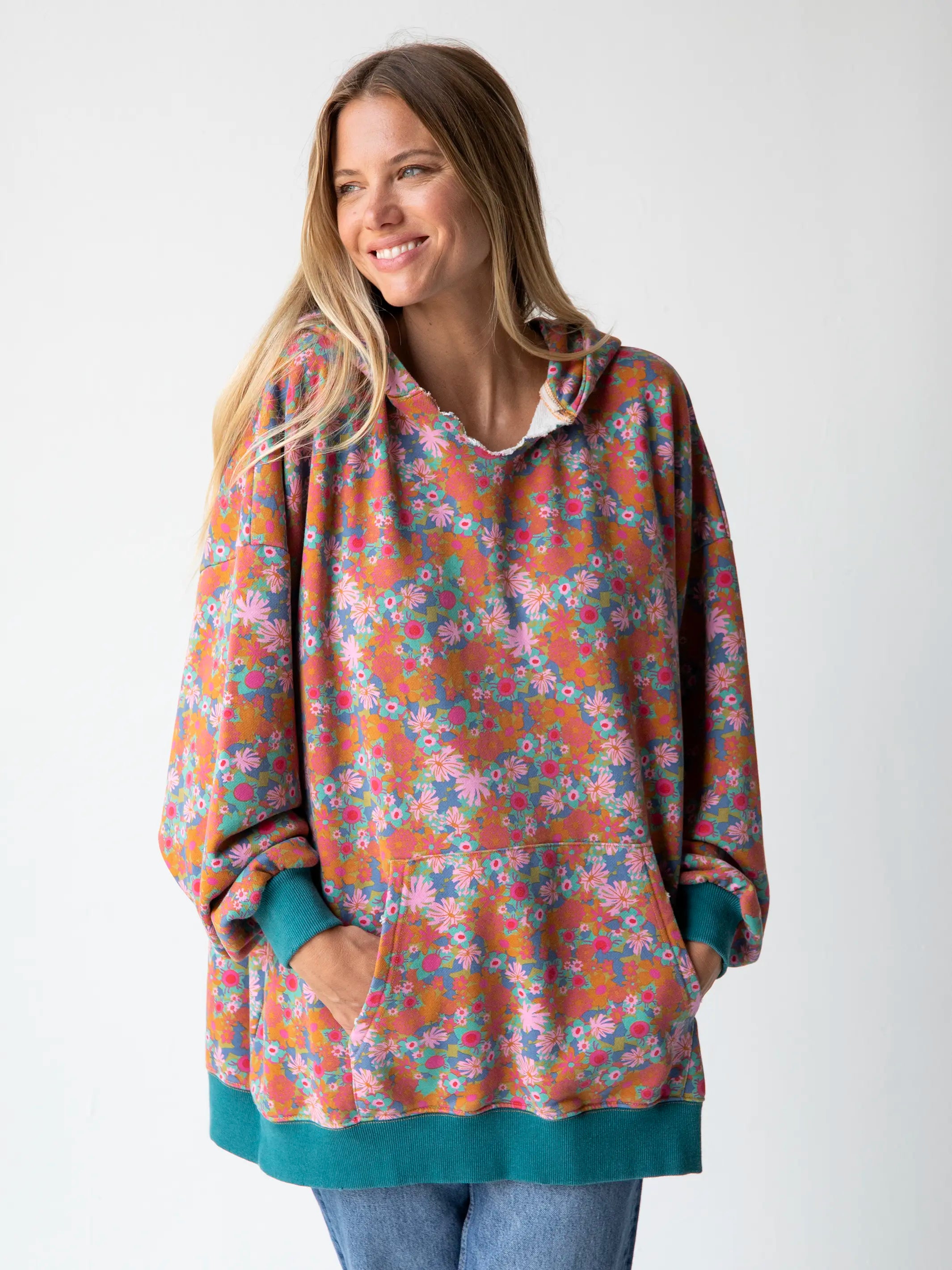 Oversized Printed Sweatshirt - Rust Orchid Pink Hoodie with Hem Raw Edge Edgy Unfinished