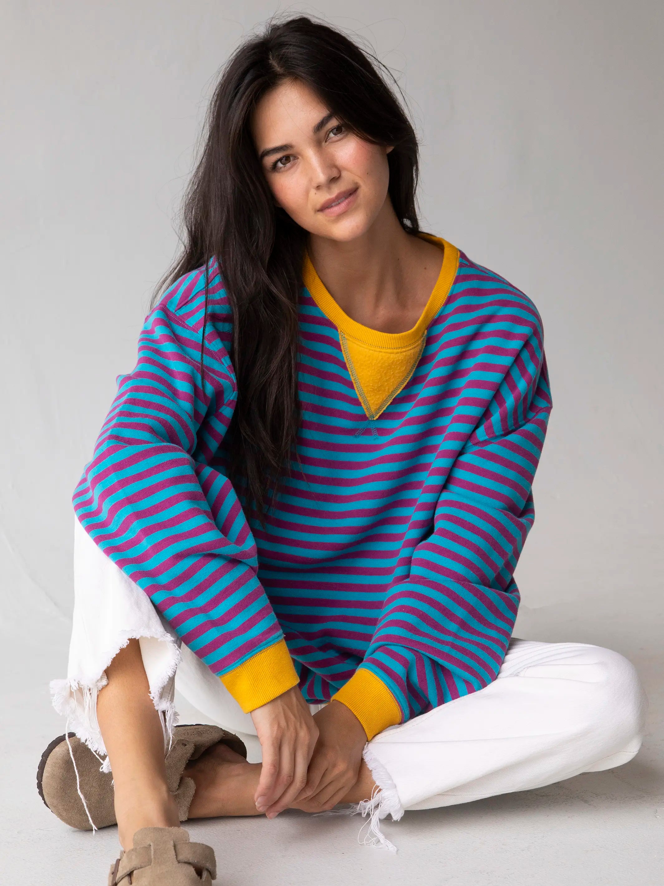 Oversized Striped Sweatshirt - Turquoise Purple Stripes Hoodie with Earth Tones Natural Calm