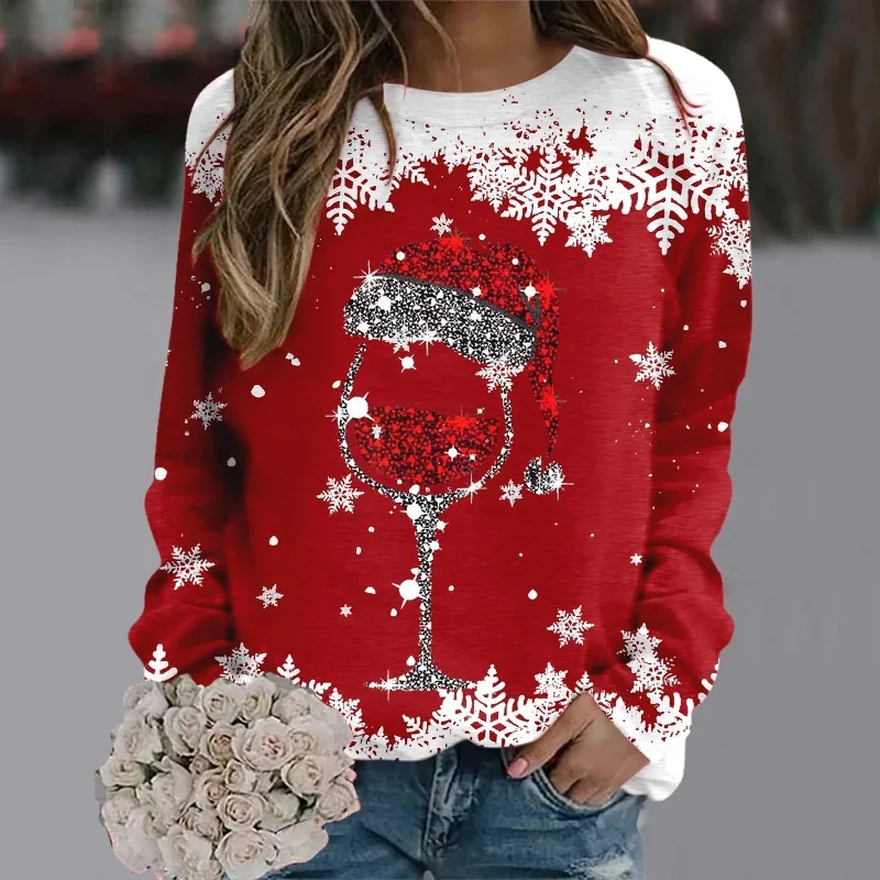 Reindeer Graphic Long Sleeve Sweatshirt - New Year Christmas Sweater Hoodie with V-Neck Classic Versatile