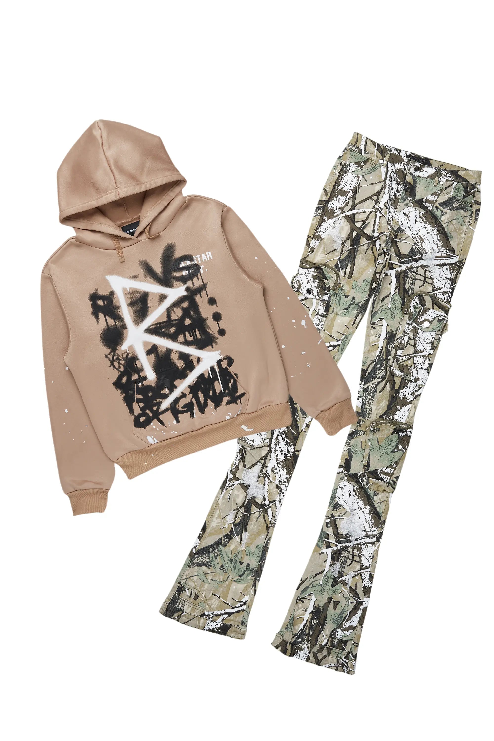 Javona Tan/Camo Hoodie/Super Stacked Jean Set Hoodie with High-Low Hem Asymmetrical Trendy