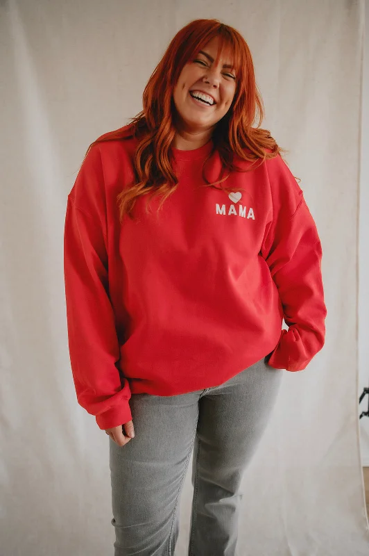 The Mama Heart Pullover Sweatshirt - Red Hoodie with Zipper Placket Modern Functional