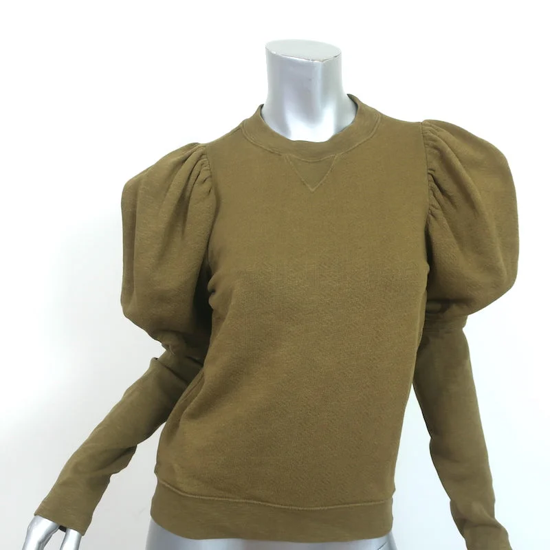 Ulla Johnson Puff Sleeve Sweatshirt Philo Olive Cotton Size Small Hoodie with Half-Zip Sporty Casual