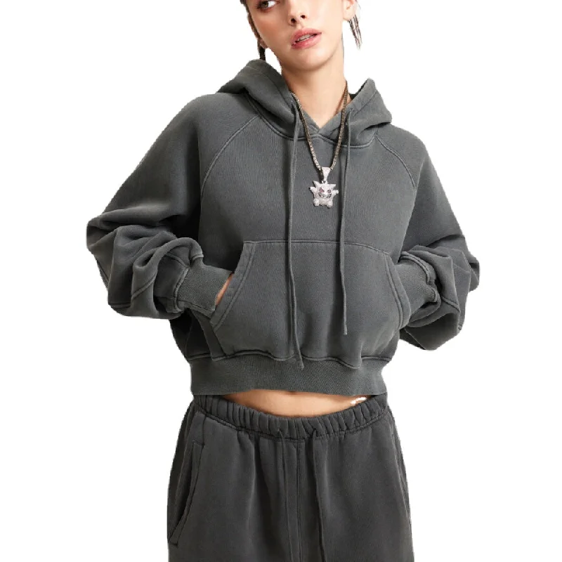 Women's Casual Washed Cropped Hoodie Hoodie with High Neck Warm Protective