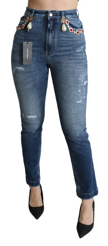 Dolce & Gabbana Enchanted Crystal Studded Blue Jeans Trendy Flared Leg Jeans