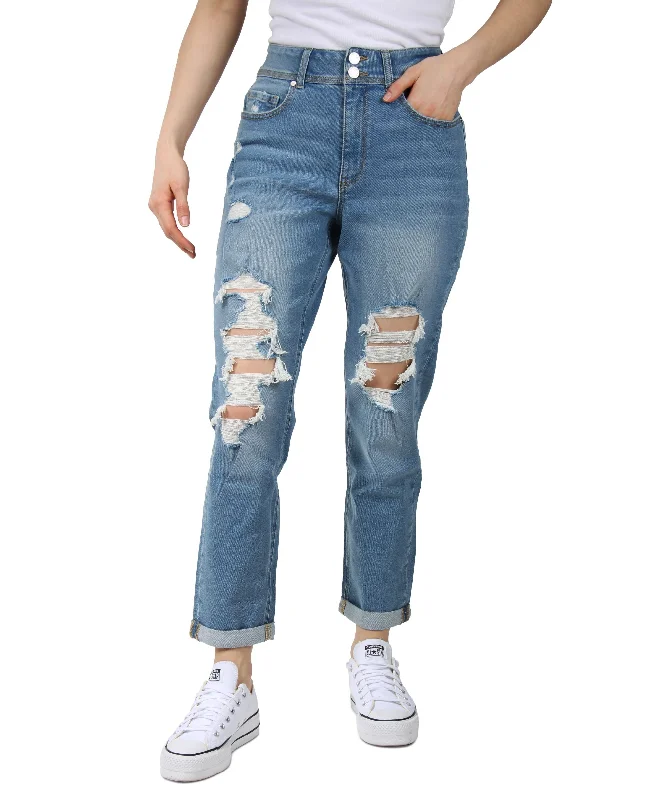 Juniors' Destructed Double-Button Mom Jeans Trendy Colored Denim Jeans