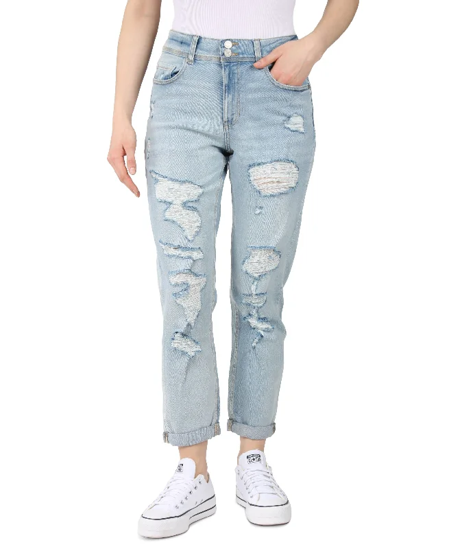 Juniors' Destructed Double-Button Mom Jeans Chic Rolled Cuff Denim Jeans