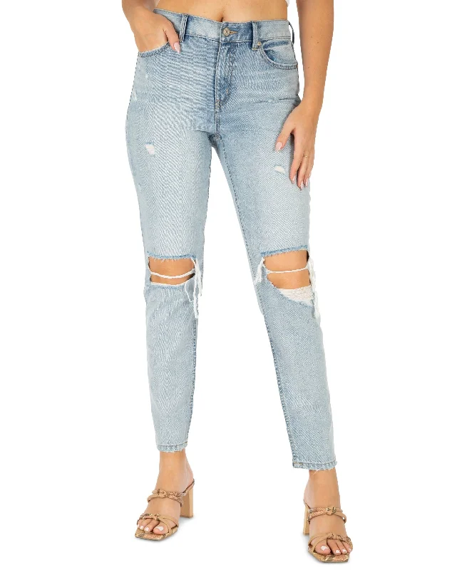 Juniors' Distressed High-Rise Mom Jeans Chic Rolled Cuff Denim Jeans