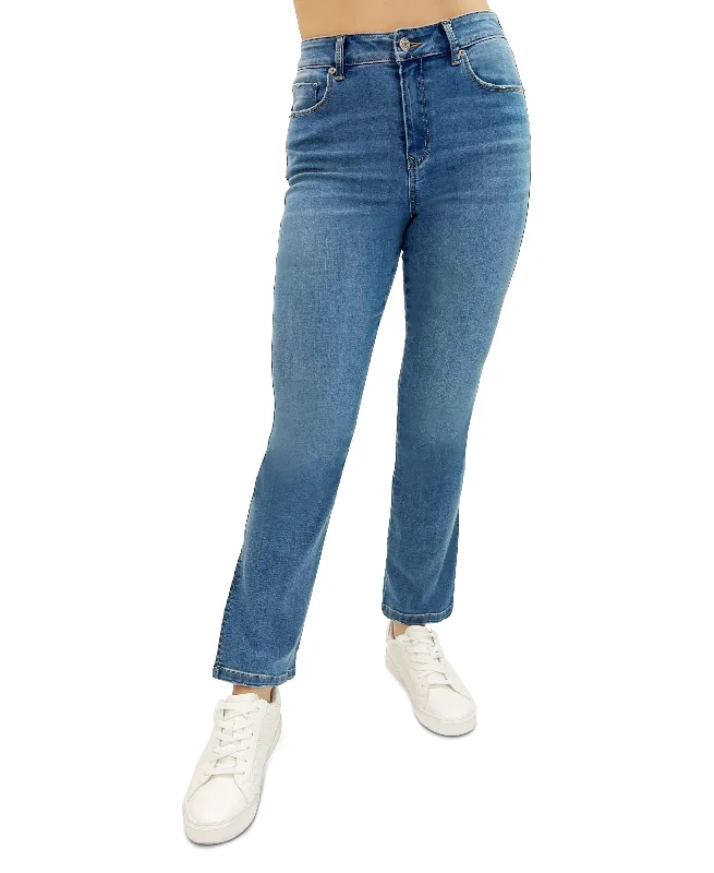 Juniors' Distressed Slim Straight-Leg Jeans Trendy Pleated Waist Jeans