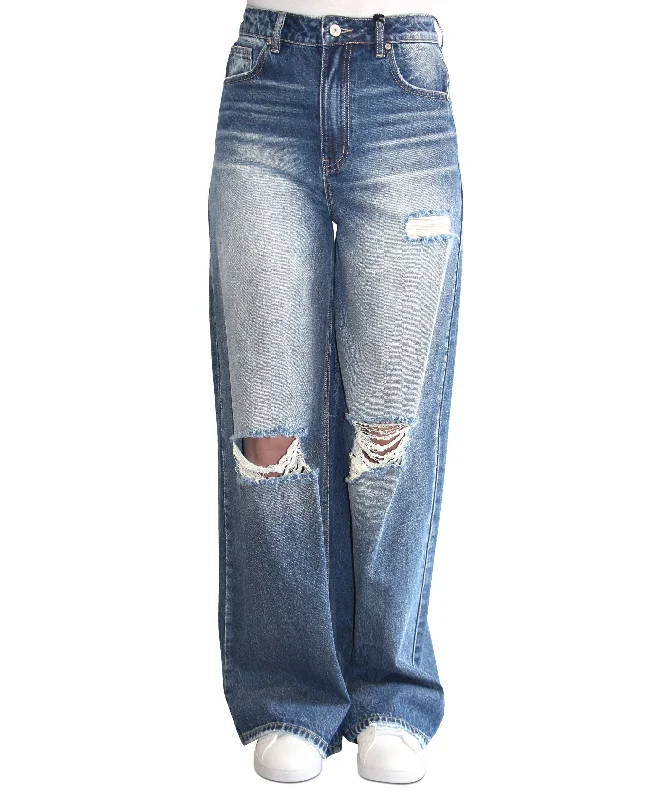 Juniors' High-Rise Ripped Wide-Leg Jeans Comfortable Dark Wash Jeans