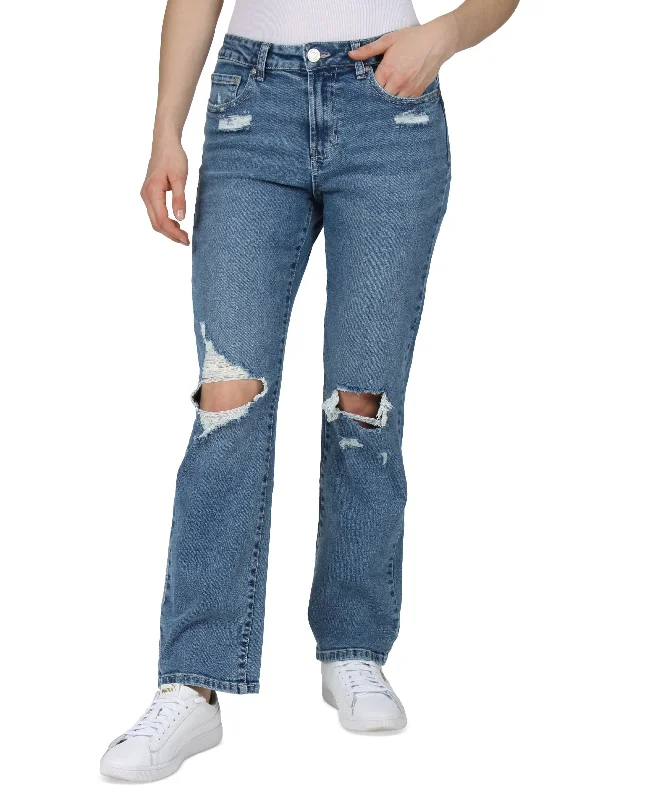 Juniors' Ripped Bootcut Jeans Fashionable Frayed Hem Denim