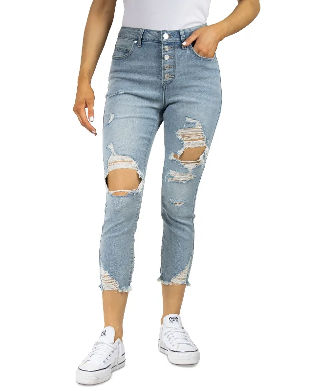 Juniors' Ripped High Rise Cropped Jeans Casual Light Wash Jeans