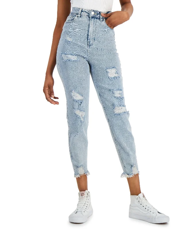 Juniors' Ripped Raw-Hem Jeans Comfortable Straight-Legged Denim