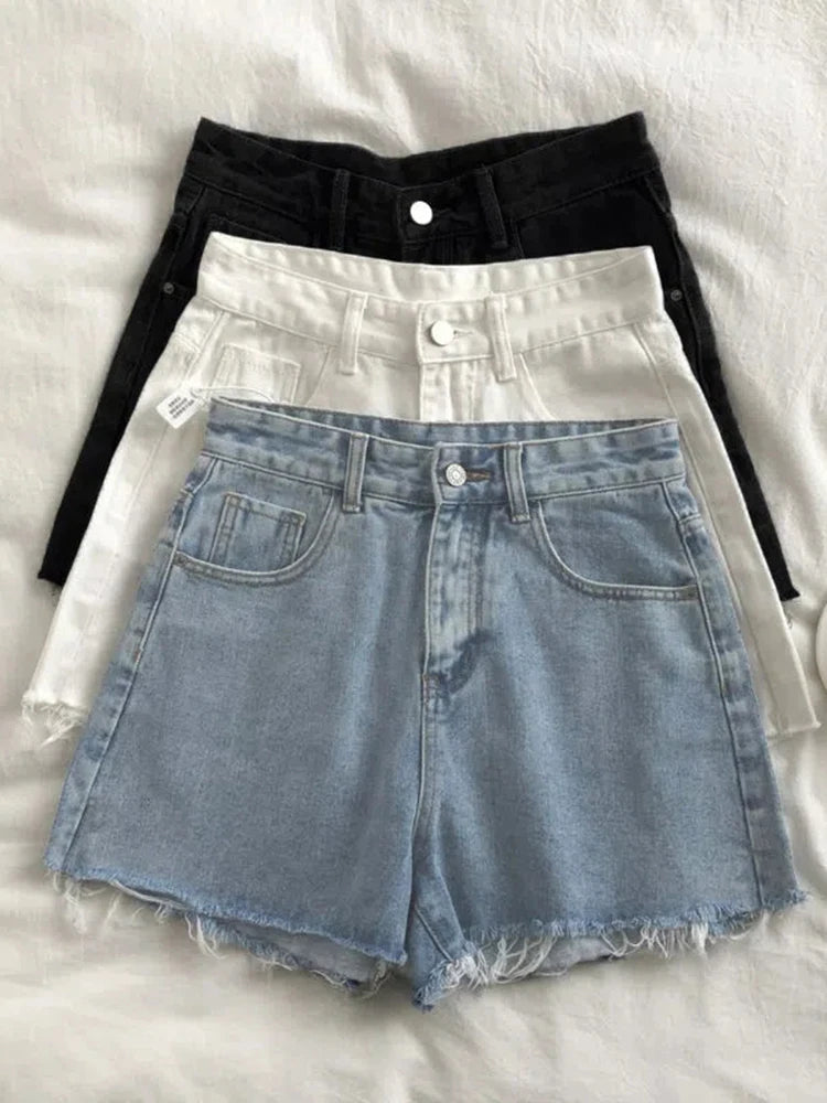 Korean High Waist Raw Edge Denim Shorts Women Summer Basic Button Pocket Jean Fashionable Vintage Wash Jeans