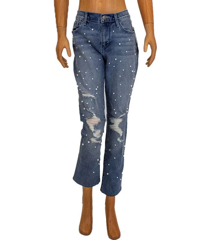 Pearl Studded Straight Leg Jeans Fashionable Button-Front Jeans