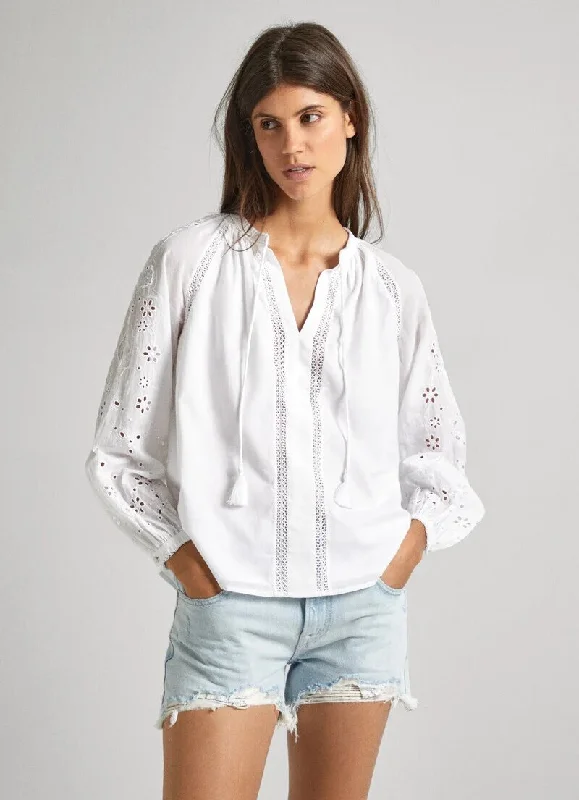 Pepe Jeans Ewan Embroidered Detail Blouse, White Trendy Low-Rise Bootcut Jeans