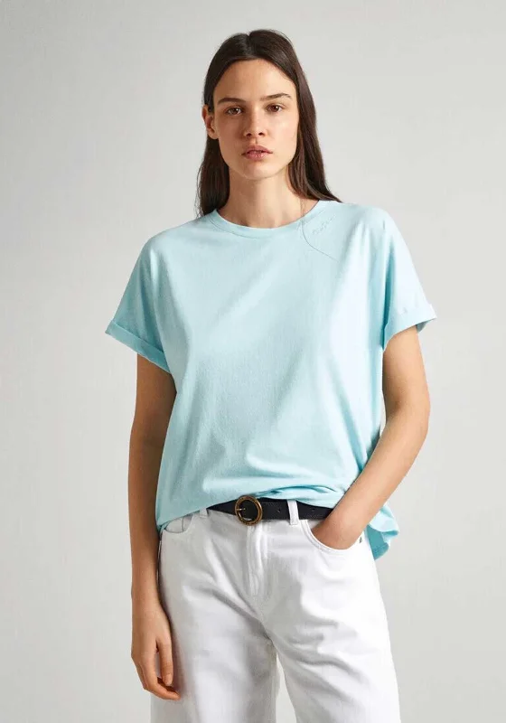 Pepe Jeans Liu Embroidered Cotton T-Shirt, Aqua Fashionable Raw Hem Bootcut Jeans