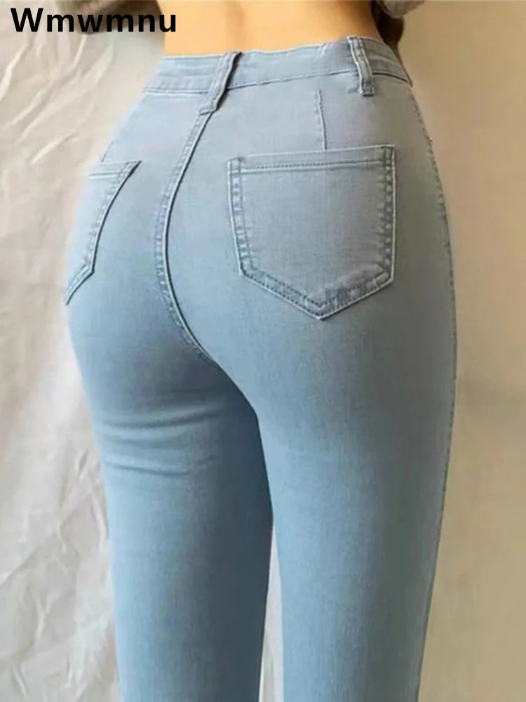 Skinny High Waist Blue Jeans Women Plus Size 38 40 Korean Fashion Slim Pencil Cozy Wide-Legged Jeans