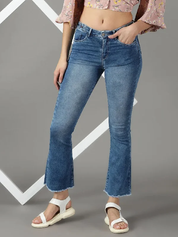 Women's Blue Solid Bootcut Denim Jeans-CR-8006-Blue Elegant Wide-Leg Jeans