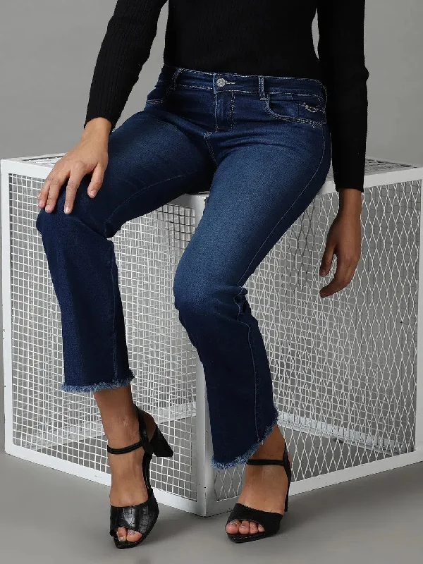 Women's Navy Blue Solid Bootcut Denim Jeans-CR-8105-Navyblue Fashionable Relaxed Fit Denim