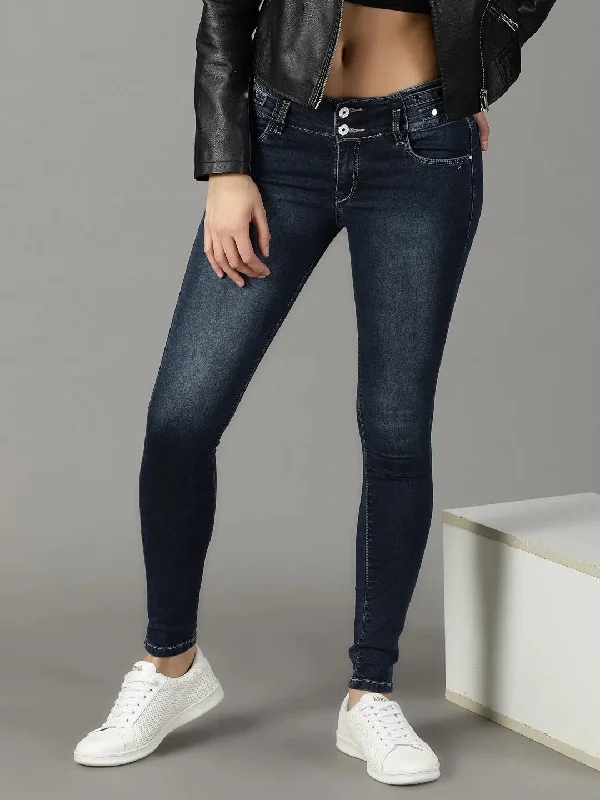 Women's Navy Blue Solid Skinny Fit Denim Jeans-CR-8007-1-Navyblue Chic Double Waistband Jeans