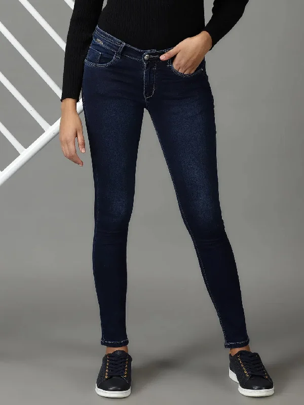 Women's Navy Blue Solid Slim Fit Denim Jeans-CR-7954-Navyblue Casual Distressed Denim Jeans