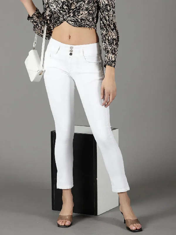 Women's White Solid Slim Fit Denim Jeans-CR-7783-White Trendy Patchwork Denim Jeans