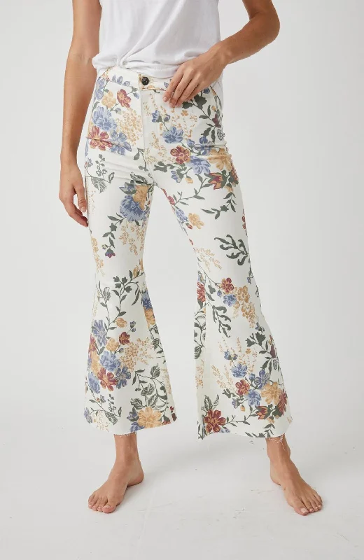 Youthquake Printed Crop Flare Jeans In Ivor Combo Comfortable Folded Hem Jeans