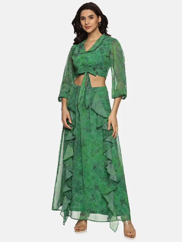 IS.U Floral Green Flare Detail Maxi Skirt velvet skirt luxurious