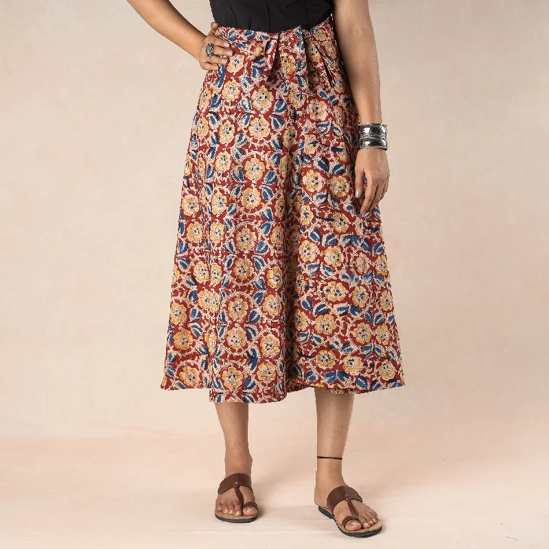 Red - Kalamkari Block Printed Cotton Wrap Around Skirt high slit skirt