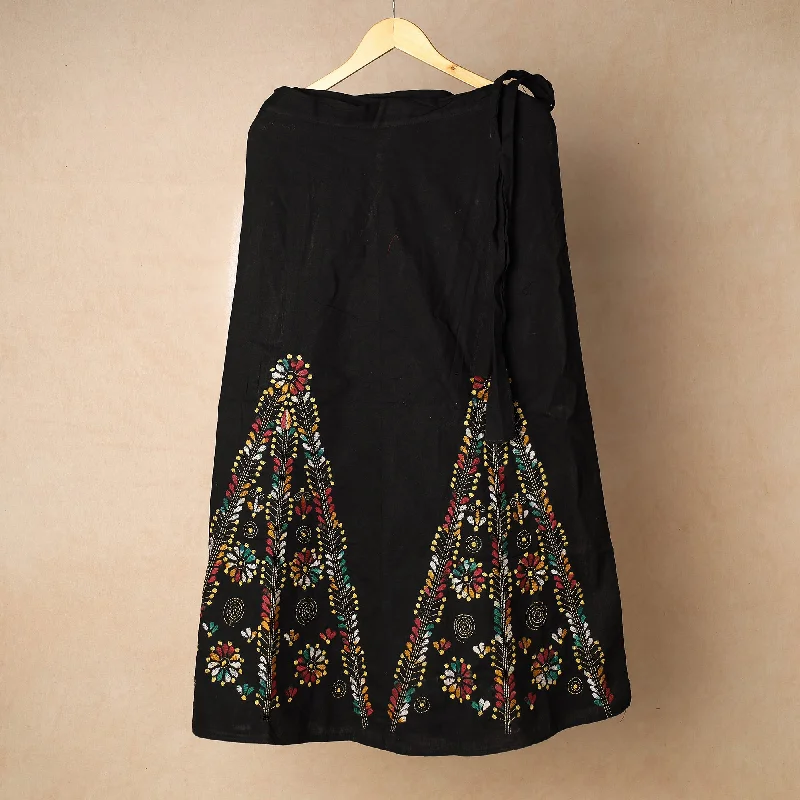 Black - Bengal Kantha Embroidery Cotton Wrap Around Skirt chiffon skirt floaty