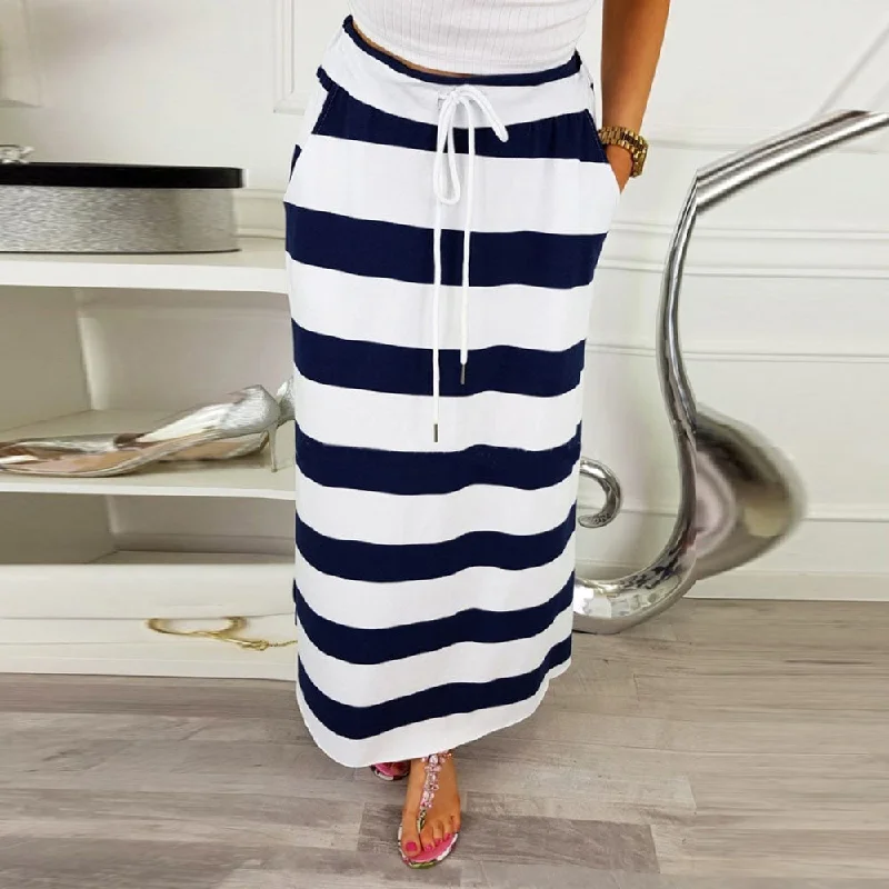 38# 2019 Women Stripe Hight Waist Maxi Long Skirt Fashion Plus Size Skirts Womens Harajuku Holiday Skirt Faldas Largas Mujer chiffon skirt airy