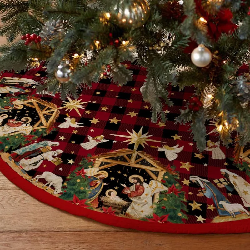 48 Inch Jesus Nativity Holy Night Christmas Tree Skirt Collar - Red Buffalo Plaid denim skirt classic