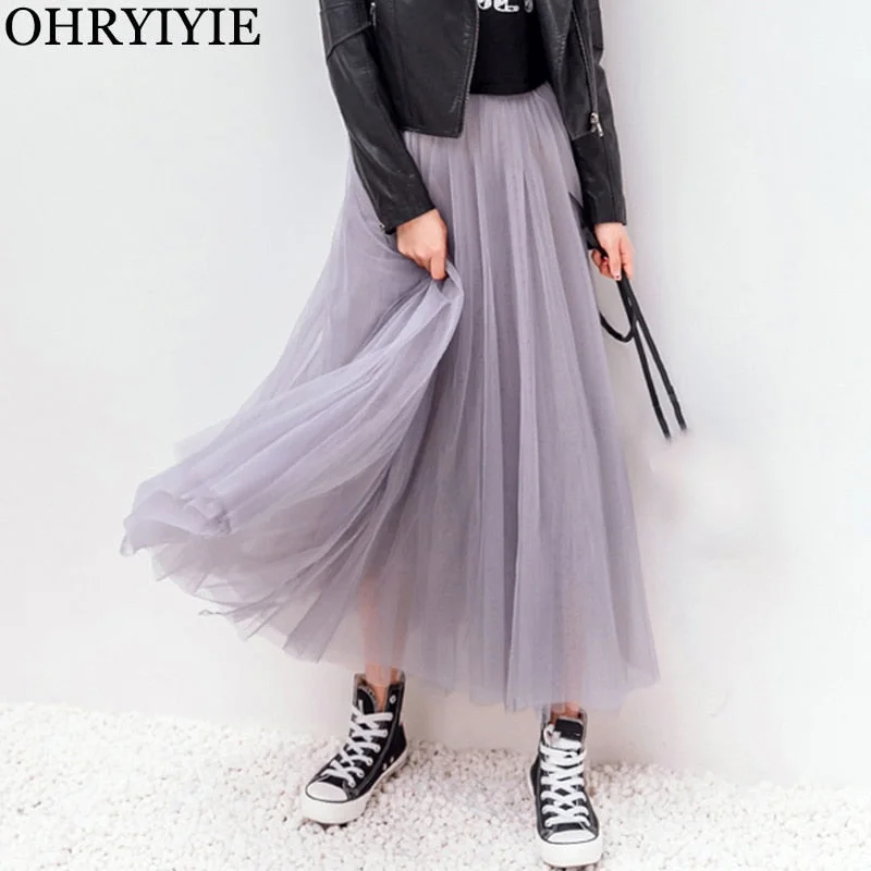 Autumn Summer Vintage Tulle Skirt Women Elastic High Waist Mesh Skirts Long Pleated Tutu Skirt velvet skirt luxurious