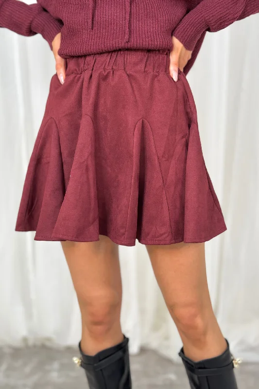 Caitlyn Pleated Faux Suede Skirt In Burgundy mini skirt trendy