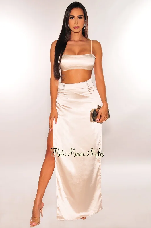 Champagne Elastic Satin Straps Silky Slit Skirt Two Piece Set pleated skirt texture