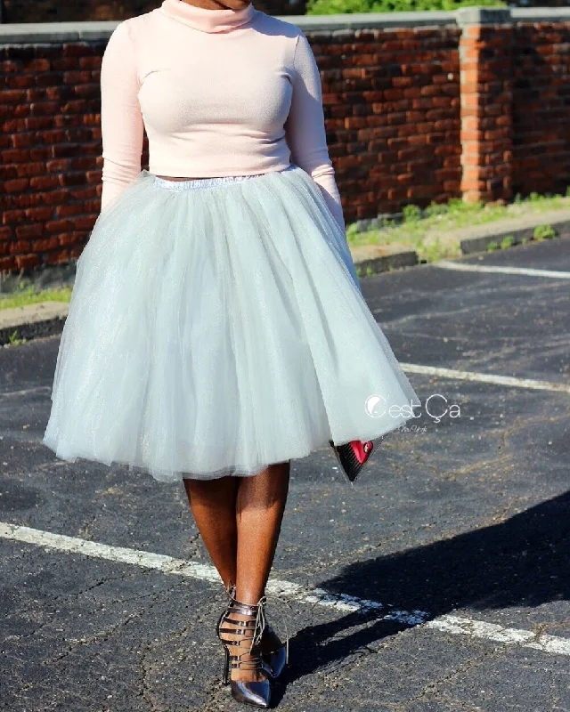 Clarisa Dove Gray Tulle Skirt - Midi leather skirt modern