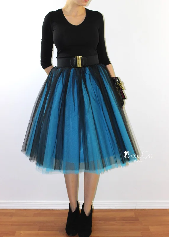 Clarisa Ombre Tulle Skirt - Sky Blue & Black, Midi leather skirt bold