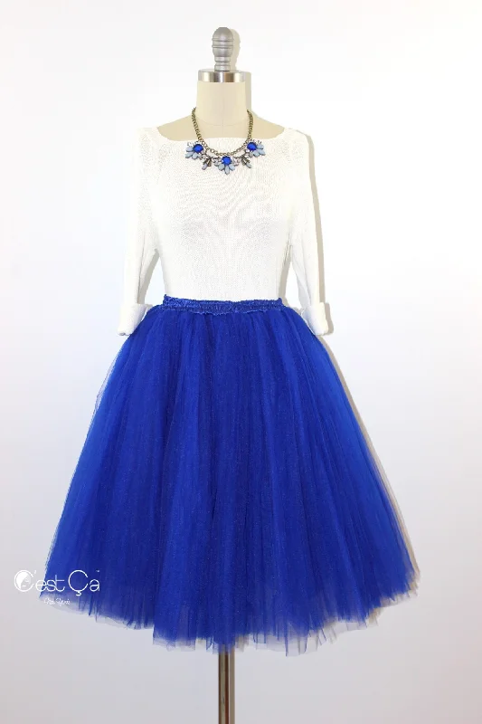 Clarisa Royal Blue Tulle Skirt - Midi lace skirt romantic