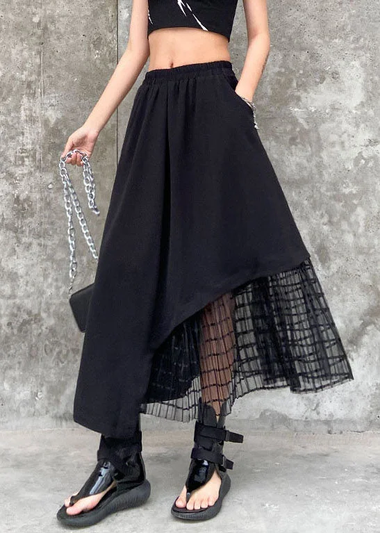 Handmade Black elastic waist Asymmetrical tulle Patchwork Skirts Spring floral skirt print