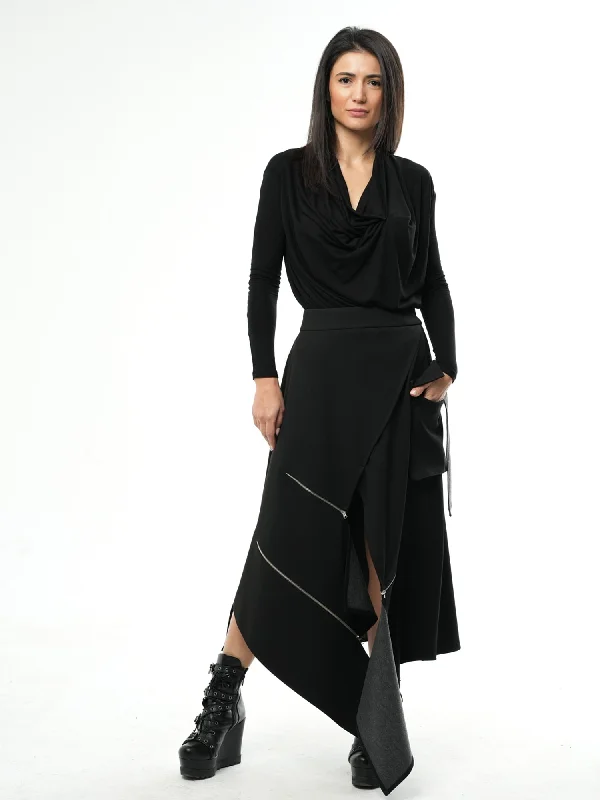 Asymmetric Black Long Skirt with Zippers chiffon skirt lightweight