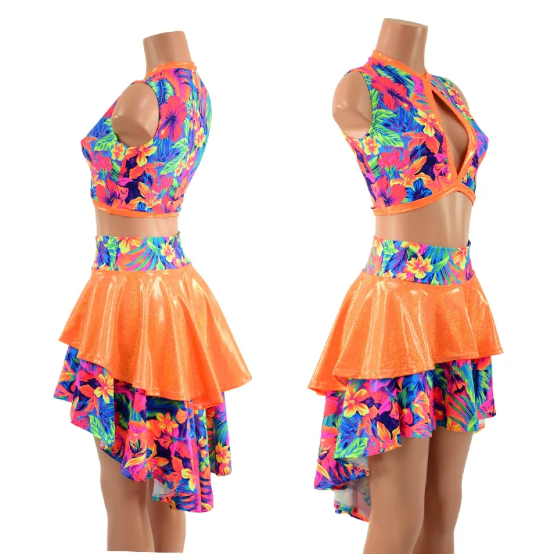 Neon Keyhole Top and Hi Lo Tiered Skirt Set denim skirt classic