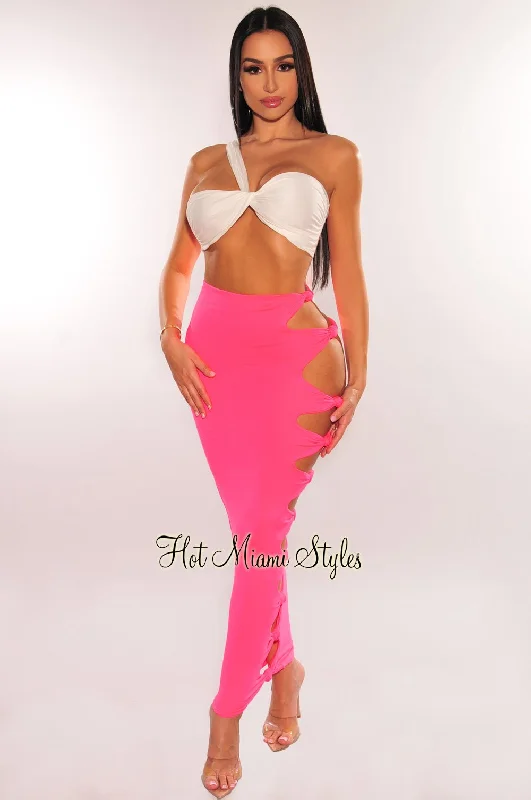 Neon Pink High Waist Cut Out Knotted Slit Skirt velvet skirt plush