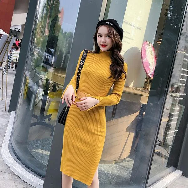 New Korean version of the long solid color knit skirt female slim over the knees wild sweater skirt cashmere skirt plush