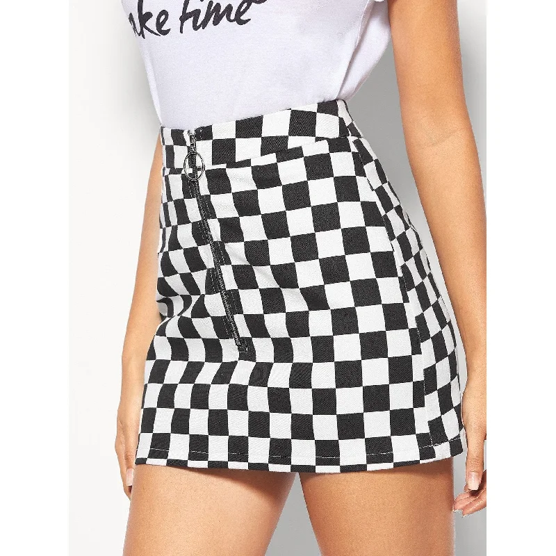 Front Zip Checkered Skirt ribbed skirt waist