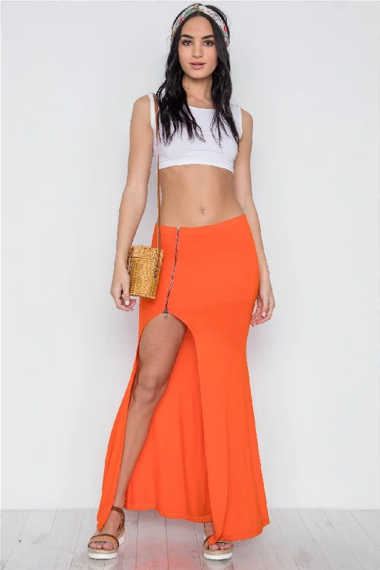 Orange Solid Zip-Front Side-Slit Maxi Skirt boho skirt vibe