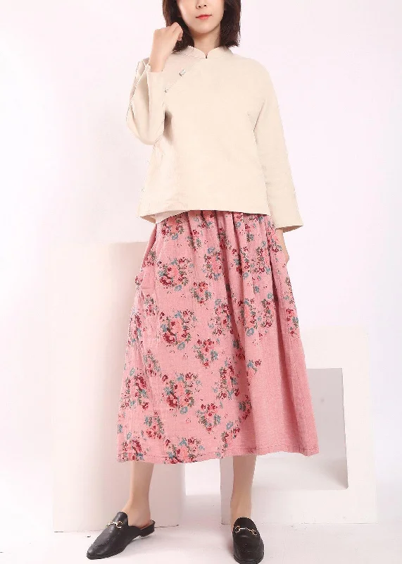 Organic Pink Patchwork A Line Skirts Cotton Linen wrap skirt elegant