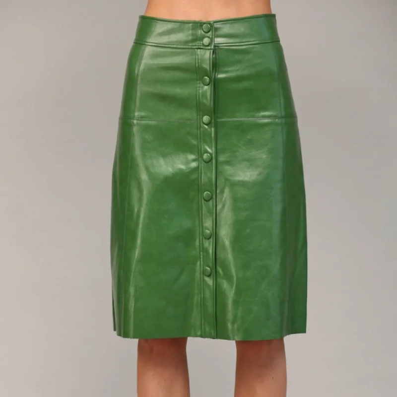 Retro Rebel Front Button Closure Faux Leather Midi Skirt satin skirt smooth