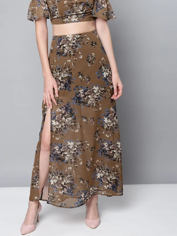 Brown Floral Maxi Skirt pencil skirt chic